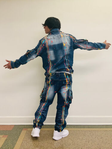 Men's Mid Blue Pocked Hand-Painted Denim Jacket or Pants | eBay