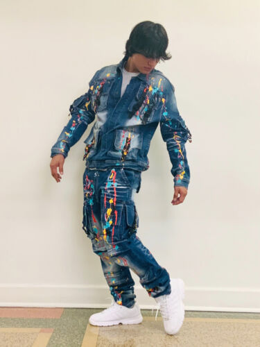 Men's Mid Blue Pocked Hand-Painted Denim Jacket or Pants | eBay