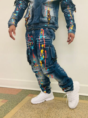 Men's Mid Blue Pocked Hand-Painted Denim Jacket or Pants | eBay