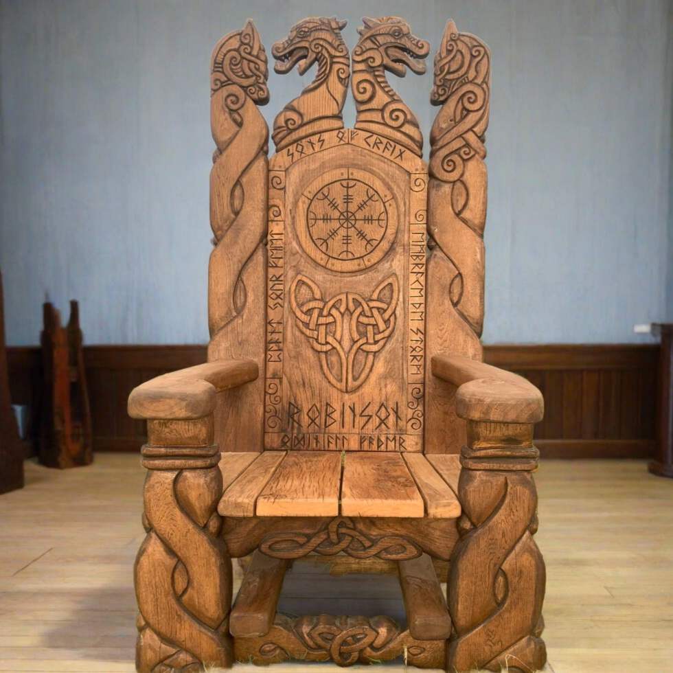 Handcrafted Viking Chair with Celtic Knotwork and Welsh Dragon Eisteddfod