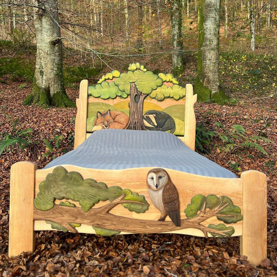Children's Woodland Bed. Hand-carved wooden bed frame, double, king, single size
