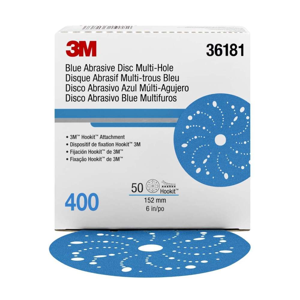 3M 36181 Hookit Blue Sandpaper Disc Multihole 150mm 400 Grit x 50 Pack Box