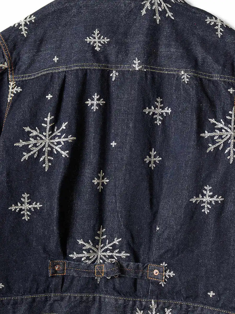 KAPITAL 14oz DENIM 雪柄刺繍 1ST JACKET KAPITAL 14oz Denim Snow Embroidery 1st Jacket in Blue | SVD USA