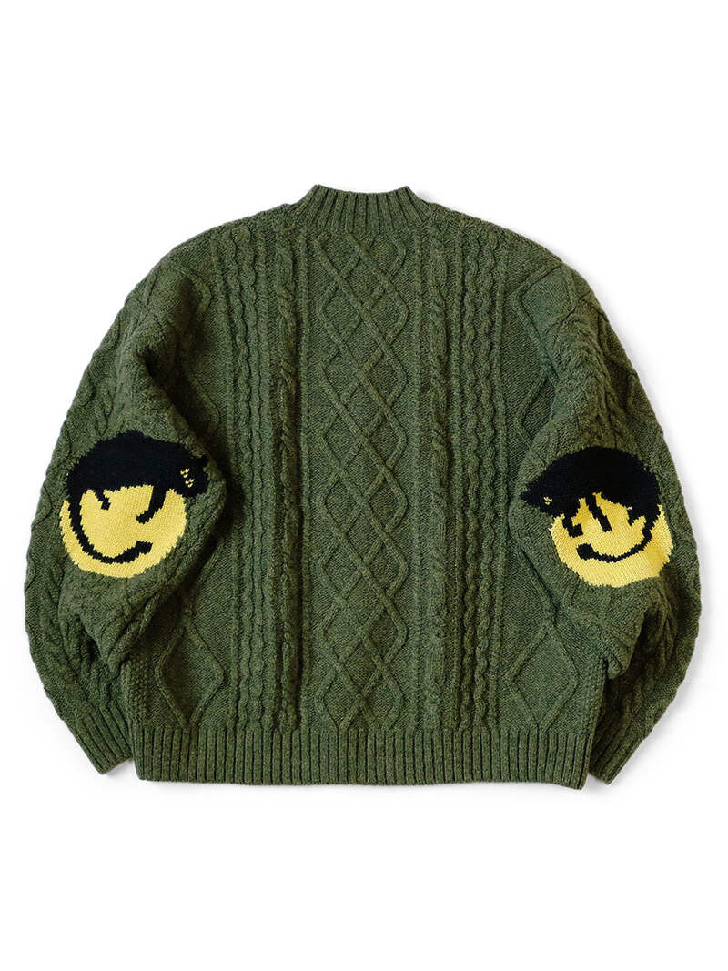 KAPITAL 5G WOOL CABLE KNITTING スマイリーパッチ Kapital 5G Cable Knit Smile Rainbow Patch Cardigan - Ecru | Garmentory