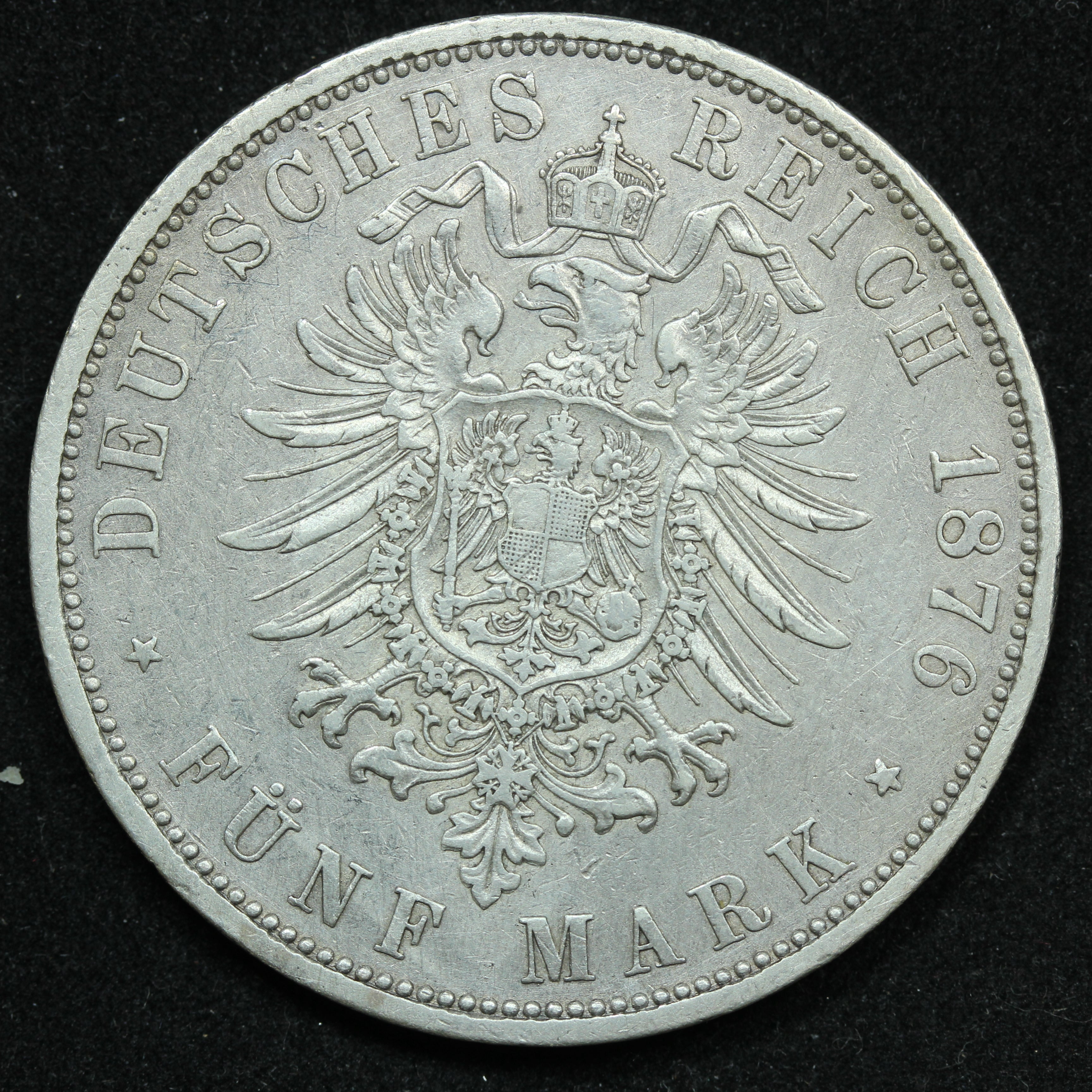 1876 C German States PRUSSIA 5 Funf Mark Silver Coin - KM