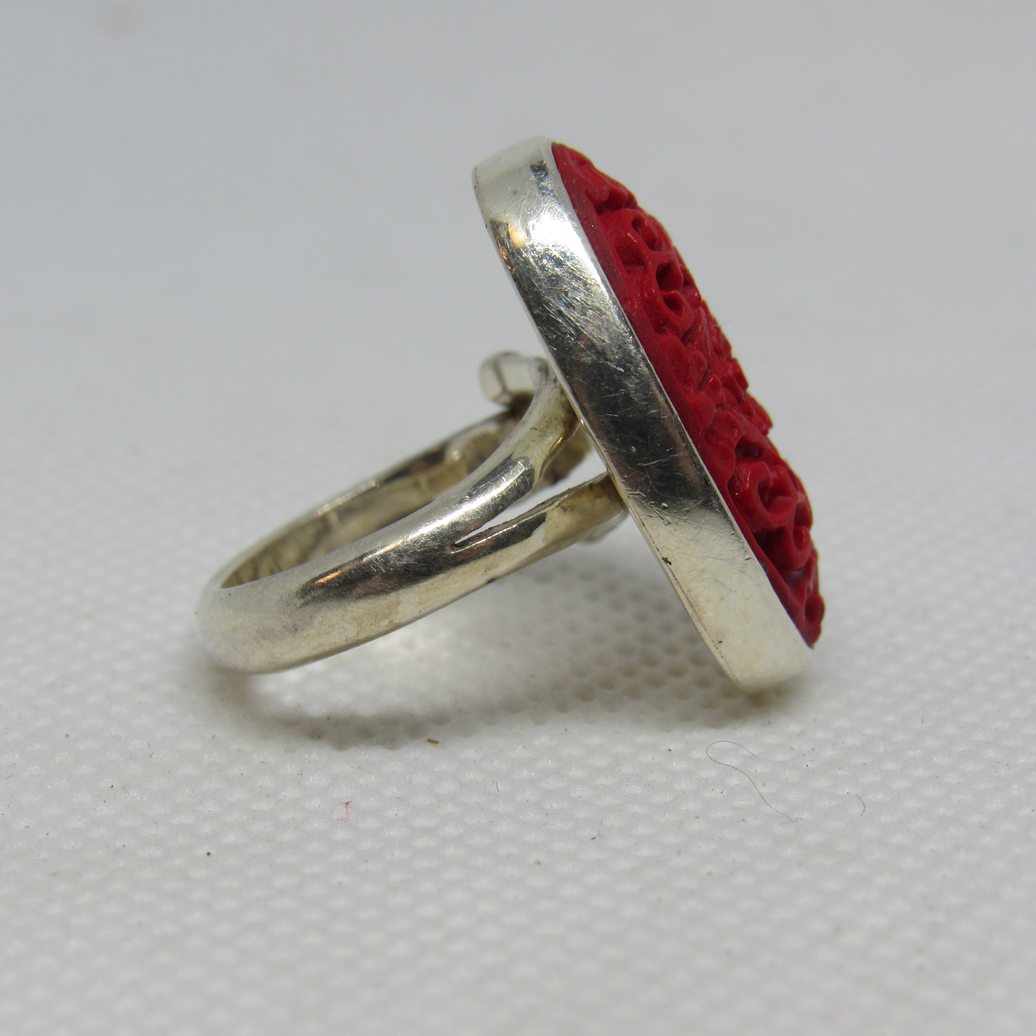 Sajen Sterling Silver Carved Red Cinnabar Floral Design Ring - Sz