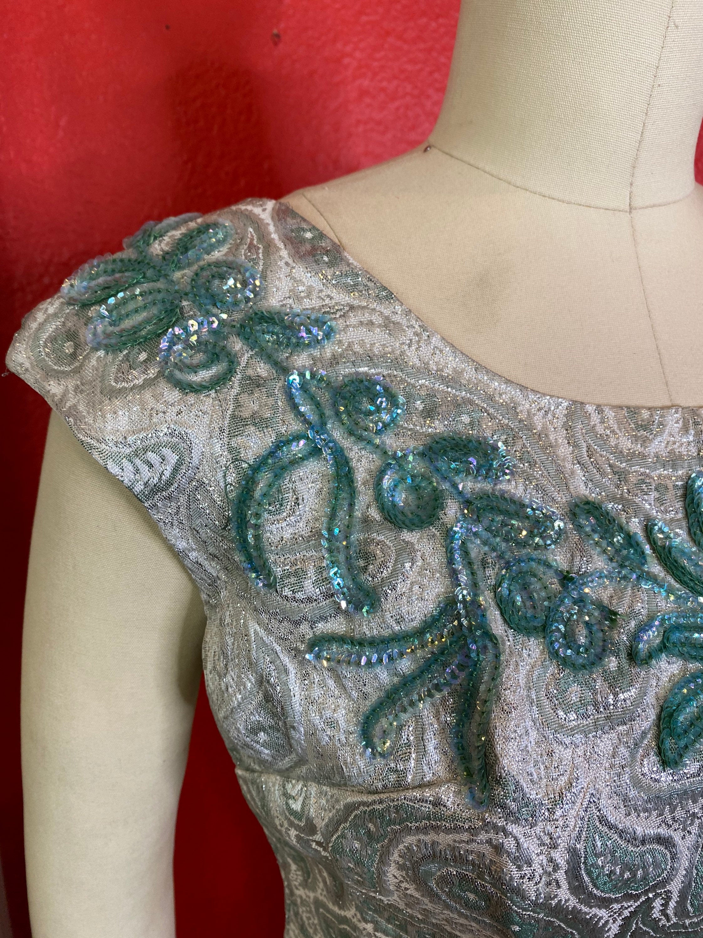 1960s Saved From The Mines Vintage Brocade Dress Mint Green and Silver