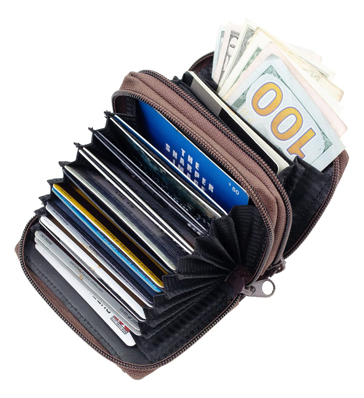 RFID Leather Fan Open Credit Card Holder 2 Zip Woman's