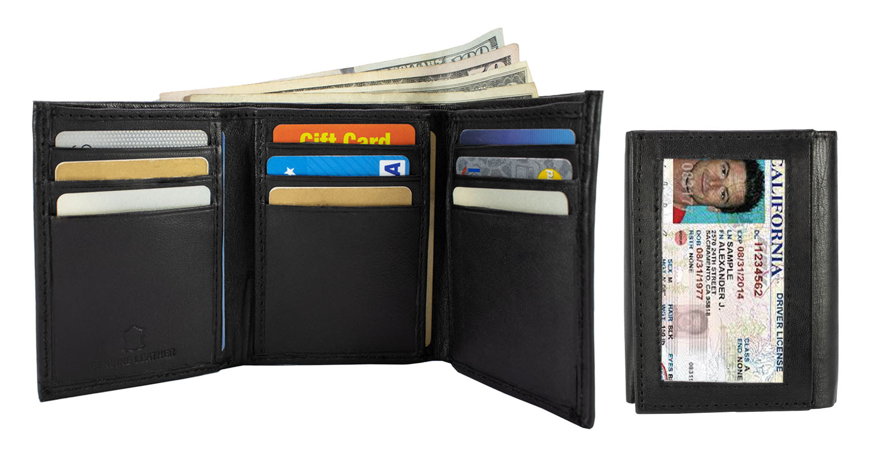 サンプル Black Genuine Leather Men's Trifold Wallet Front Pocket Multi-Card