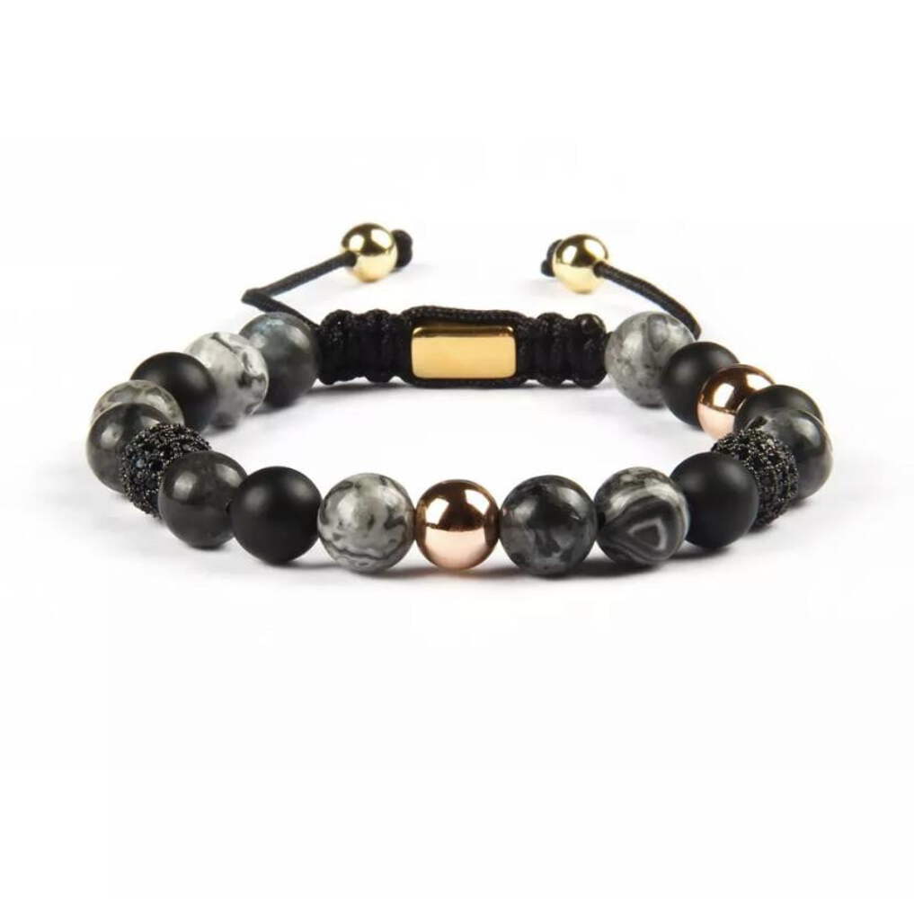 Black Onyx & Picture Jasper CZ Rose Beads Macrame Bracelet - Bild 1 von 8