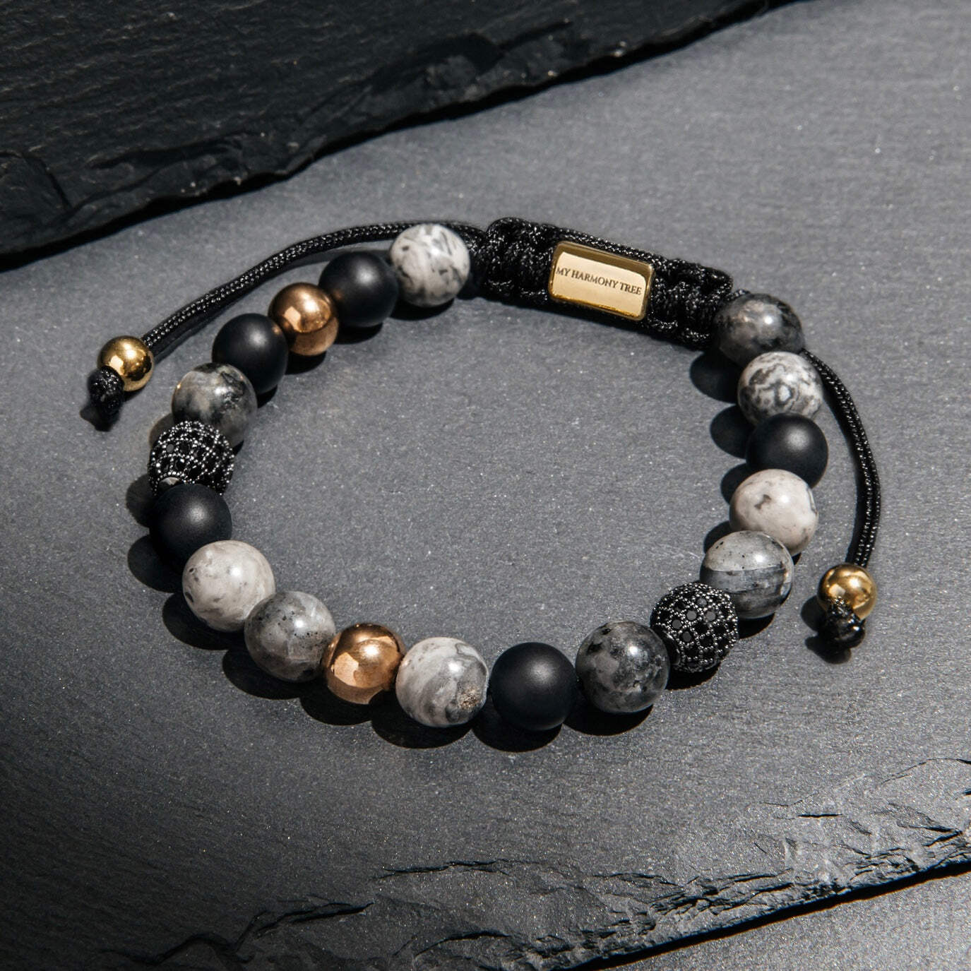 Black Onyx & Picture Jasper CZ Rose Beads Macrame Bracelet - Bild 3 von 8