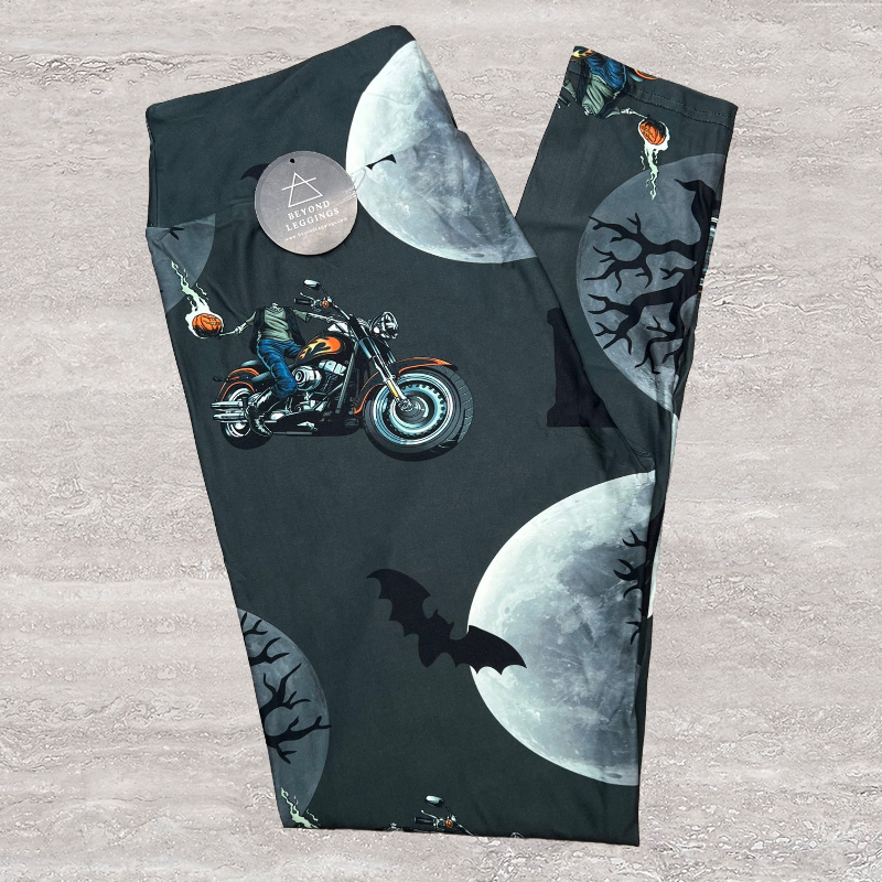 Halloween Headless Horseman Motorcycle Print Leggings with Pocket