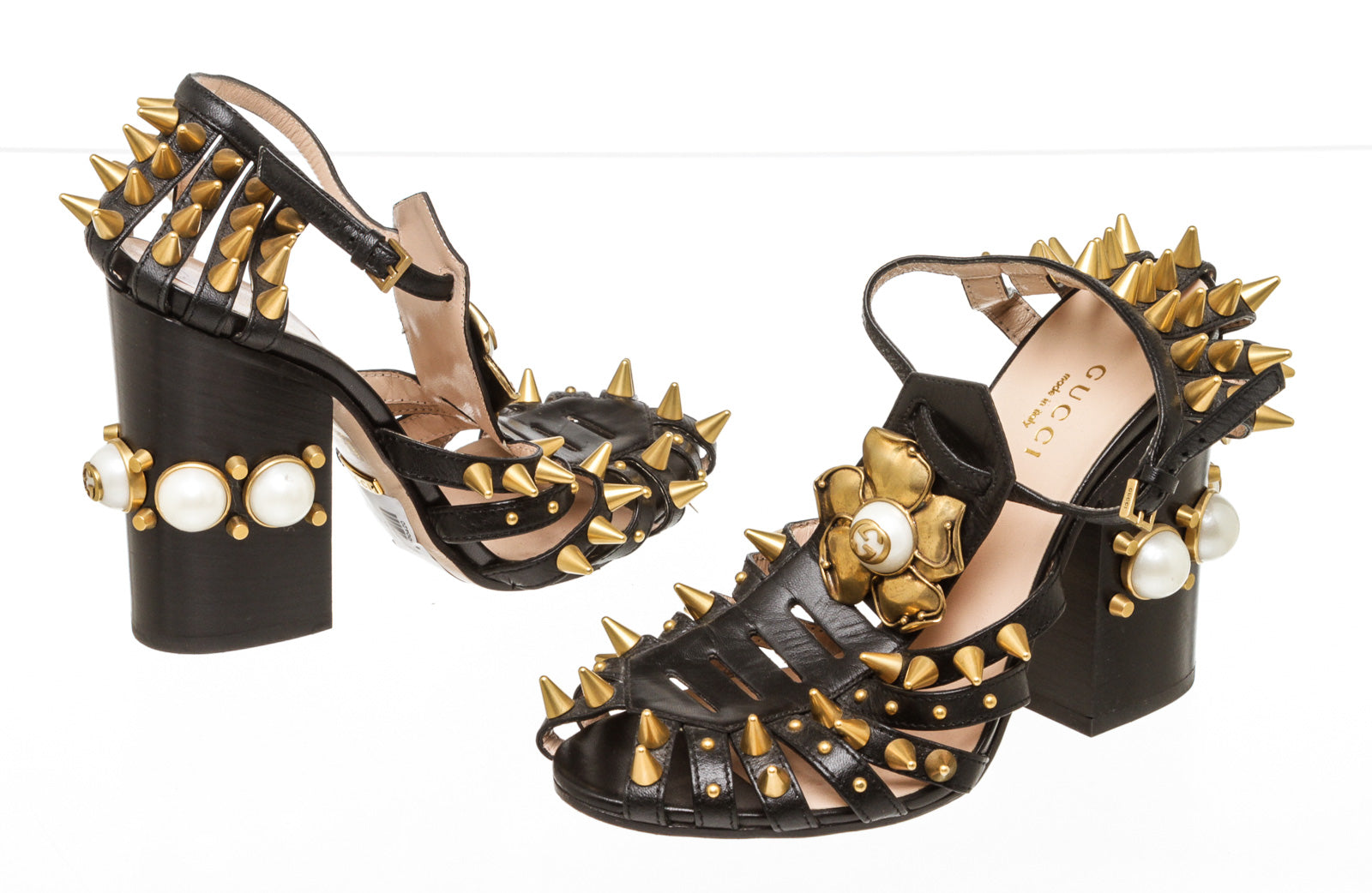 gold studded block heels