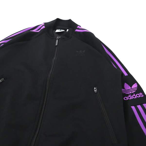 black adidas jacket with purple stripes