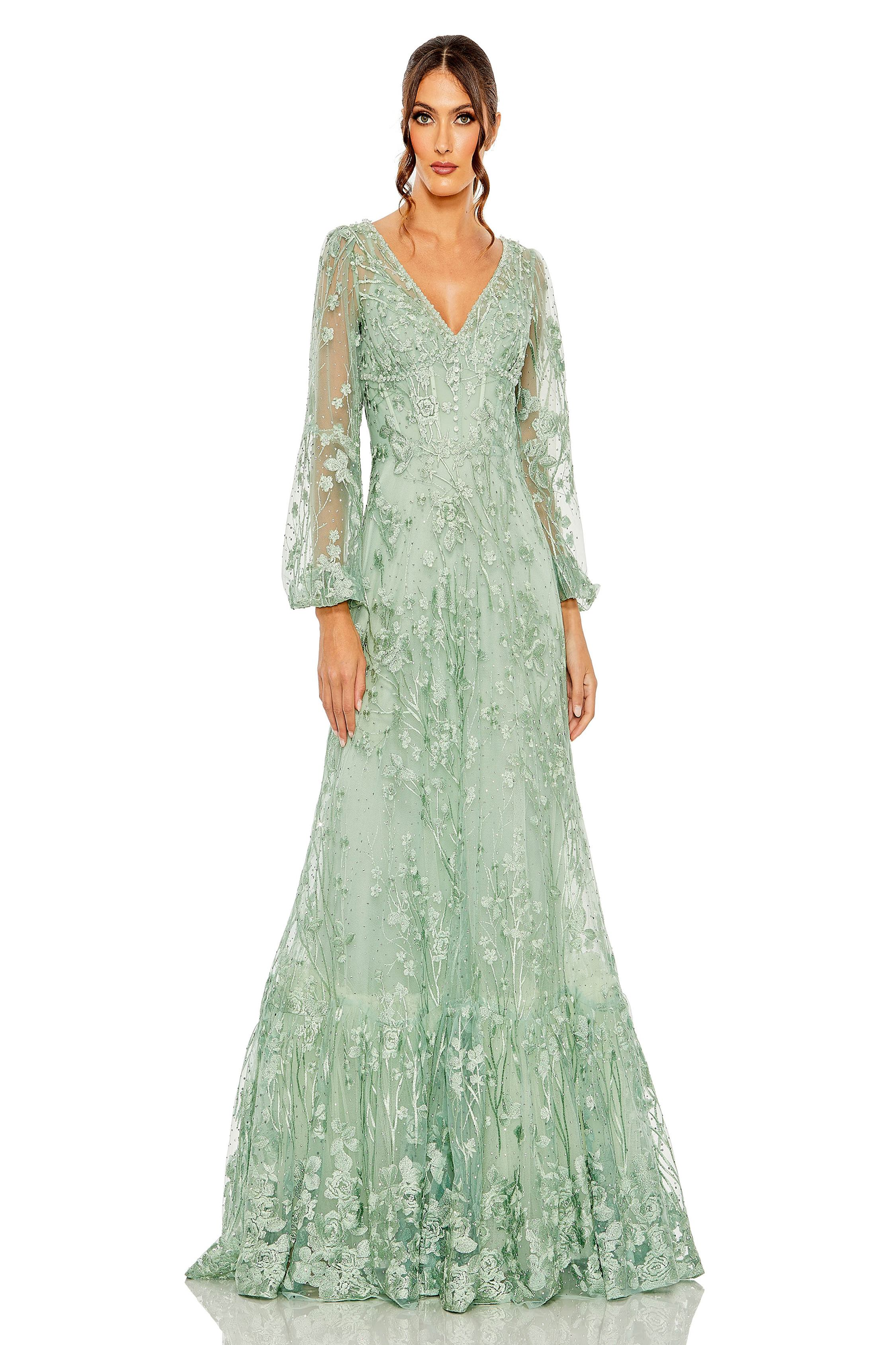 green emerald velvet dress Mac Duggal 67007 Long Sleeve Tea-Length Formal Dress main image 1