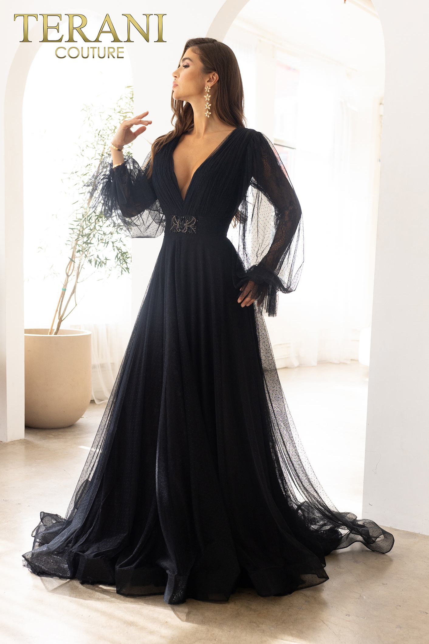 terani couture gowns & formal dresses on sale Terani Couture 252E5129 Stretch Satin Bishop Sleeves Dress