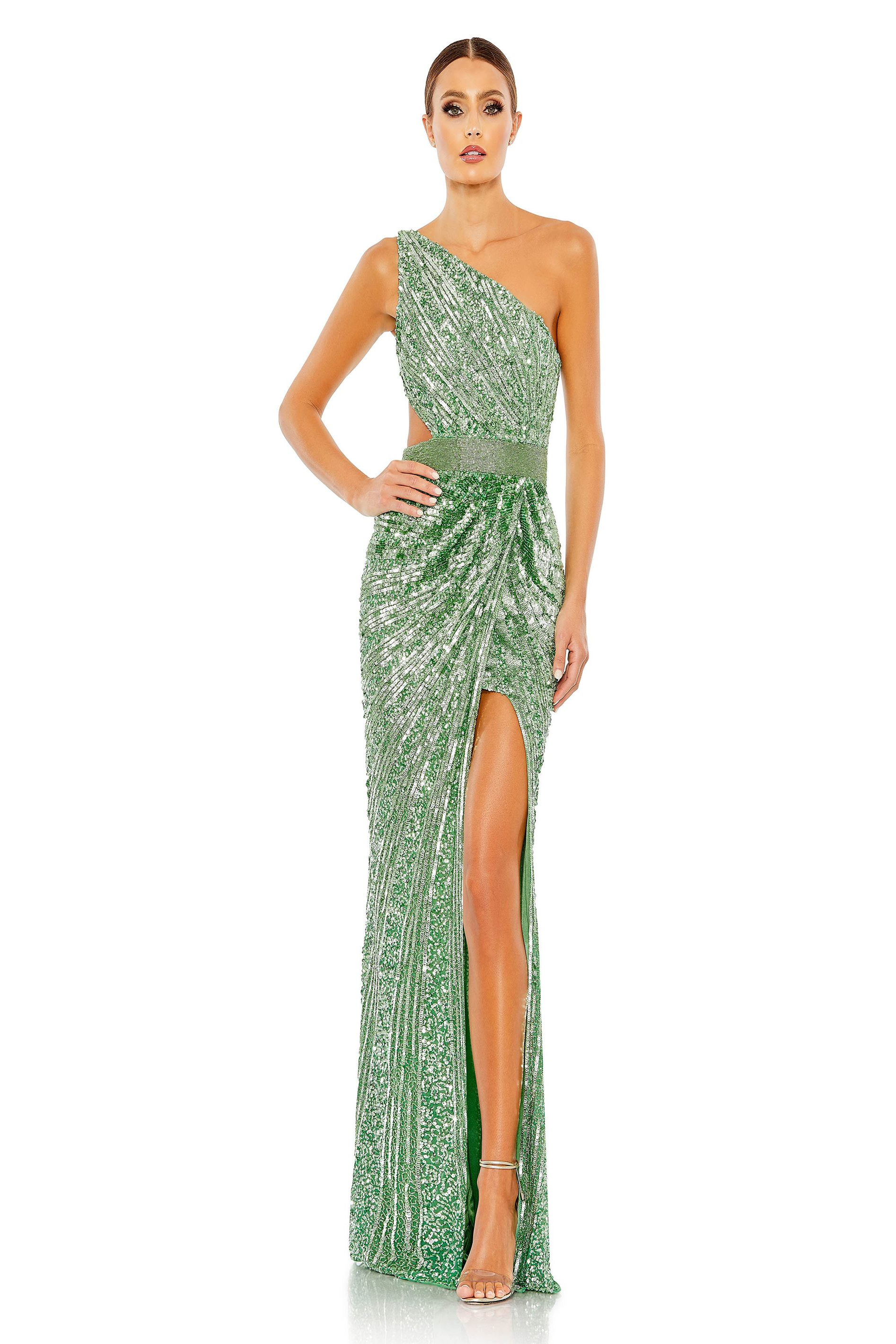 Mac Duggal Sequined One-Shoulder Lace-Up Gown - Sage