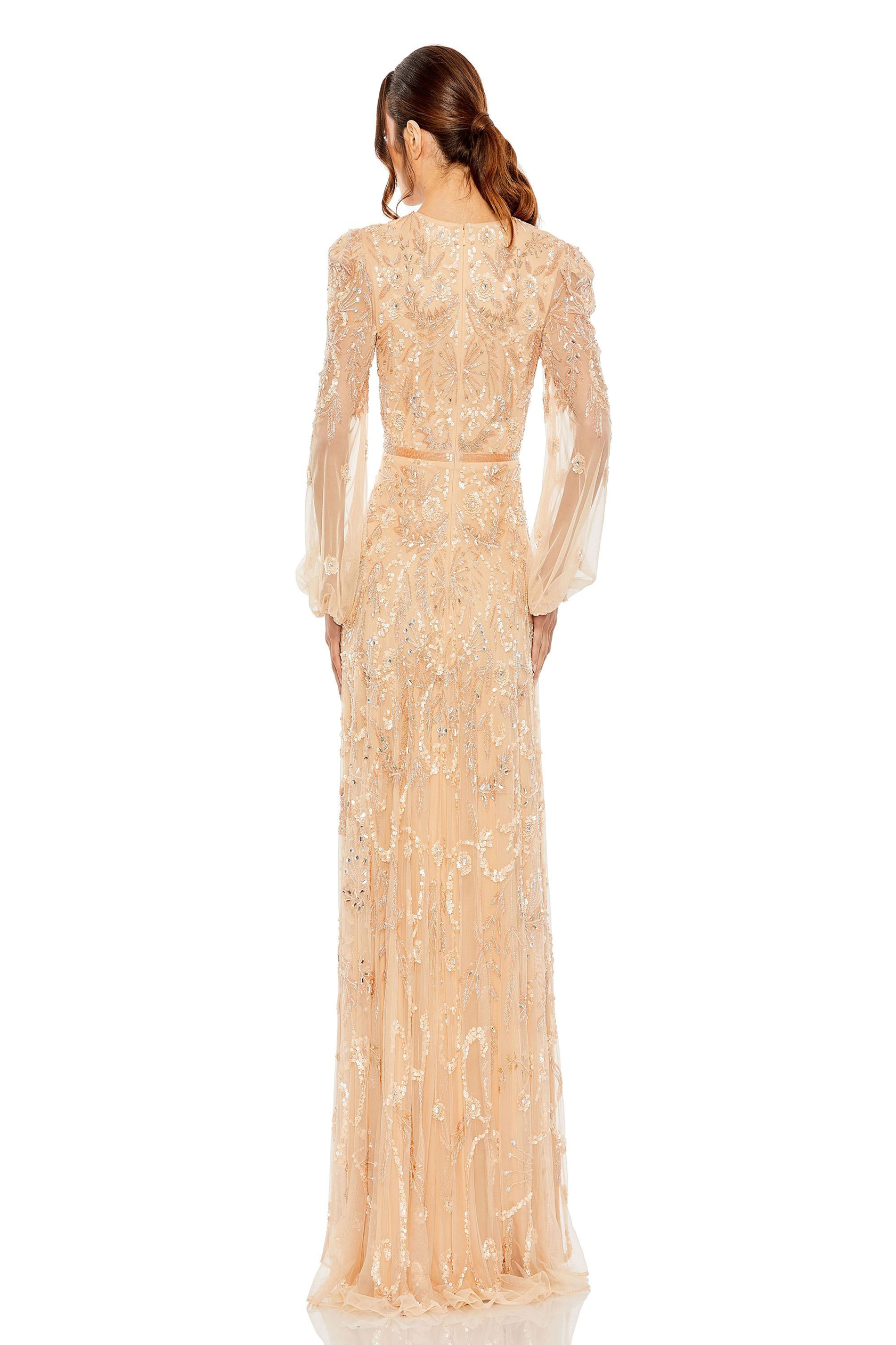 Mac Duggal Beaded Long Illusion Puffed Sleeve A-Line Gown, Womens, 2, Heather