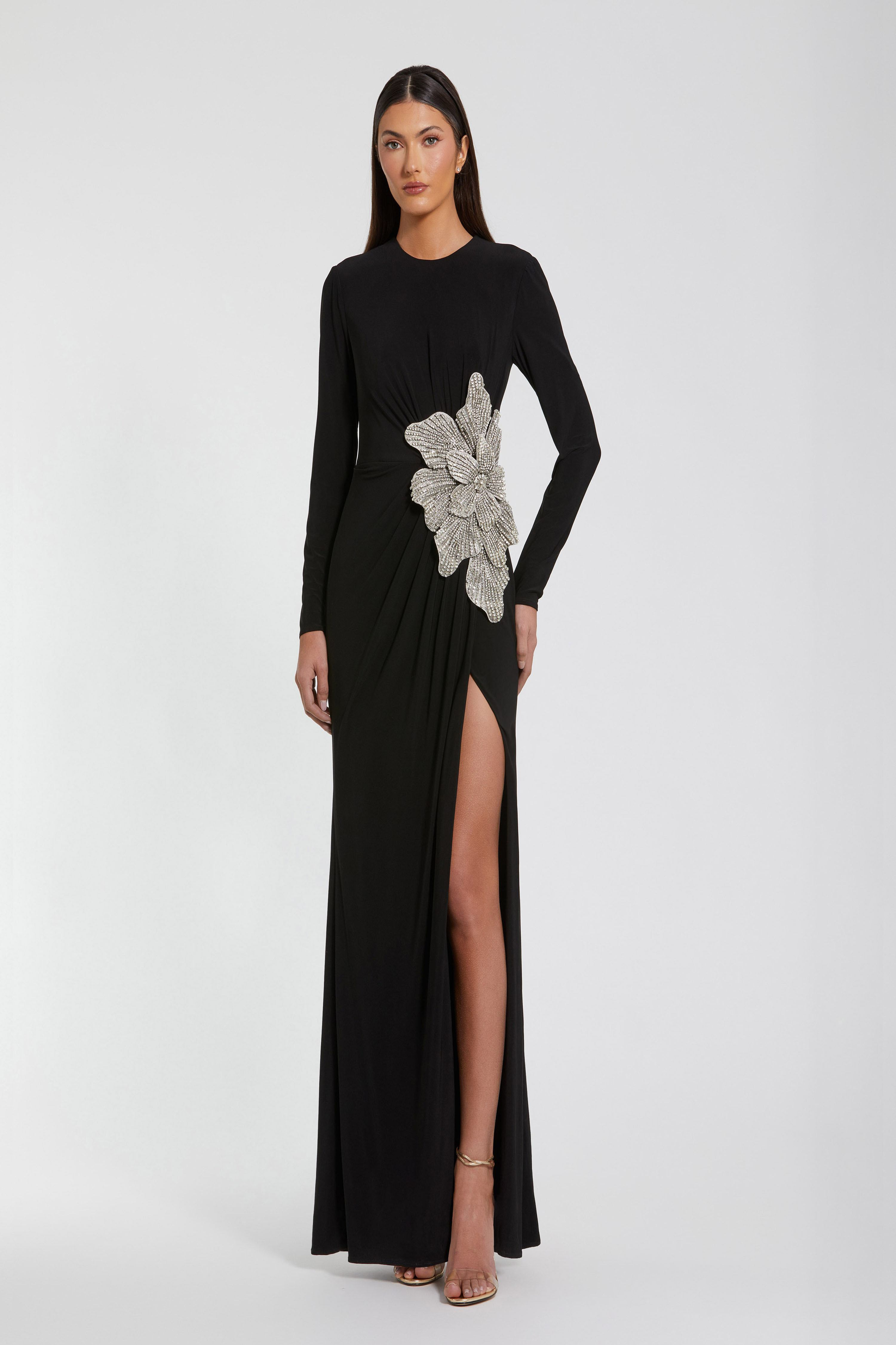 mac duggal formal dress - Black Long Sleeve Jersey Gown With Embellished Flower untraditional