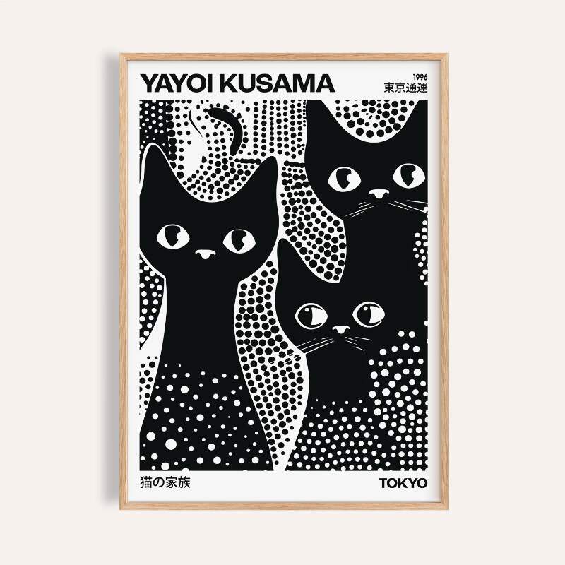 Yayoi Kusama-Inspired Black & White Cats Poster Polka Dot Modern
