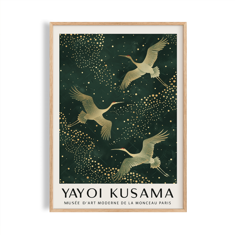 Kerry Hallam シルクスクリーン アートカンヌD 137 / 250 Golden Cranes Wall Art Yayoi Kusama Style Green Modern