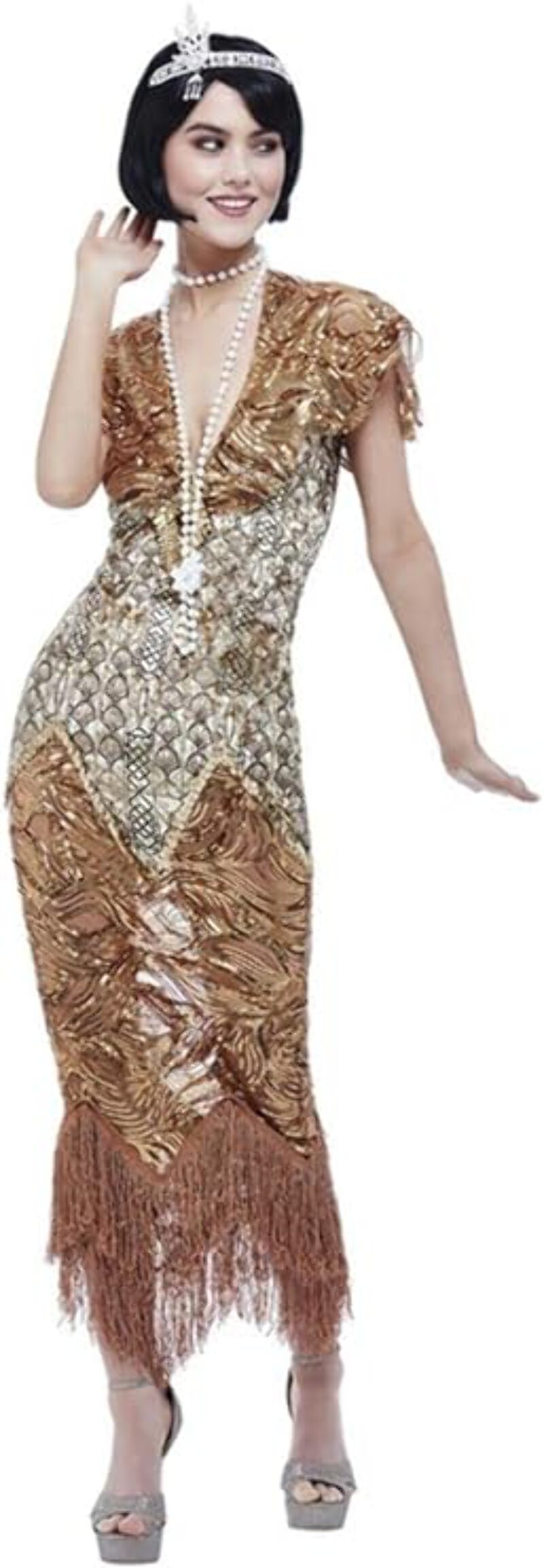 Deluxe 20s Sequin Flapper Costume Adult Gold Dress