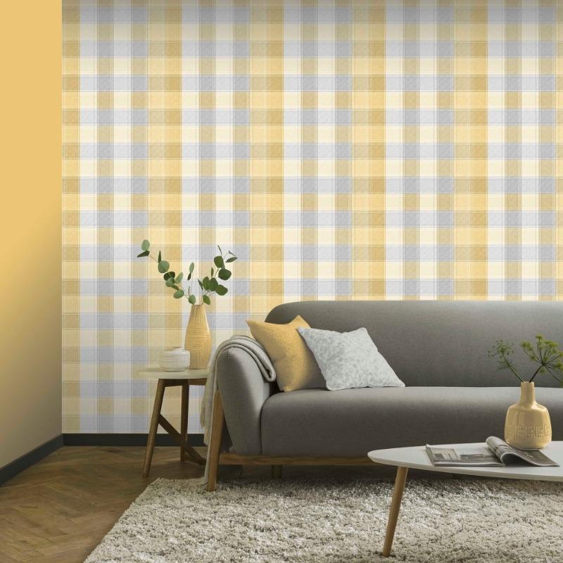 Yellow and Grey Country Check Wallpaper by Arthouse 902807
