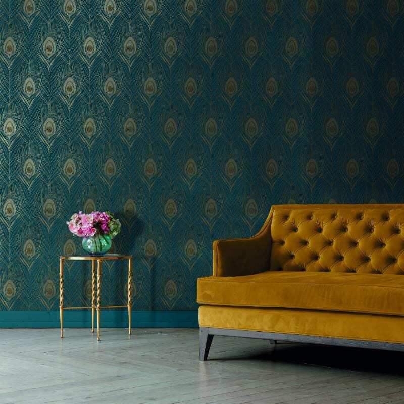 Details About Blue And Gold Peacock Feather Wallpaper As Creations 36971 2
