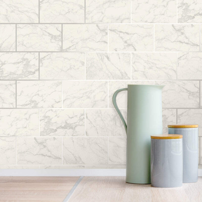 Metro White And Silver Marble Tile Wallpaper Washable Vinyl M1509