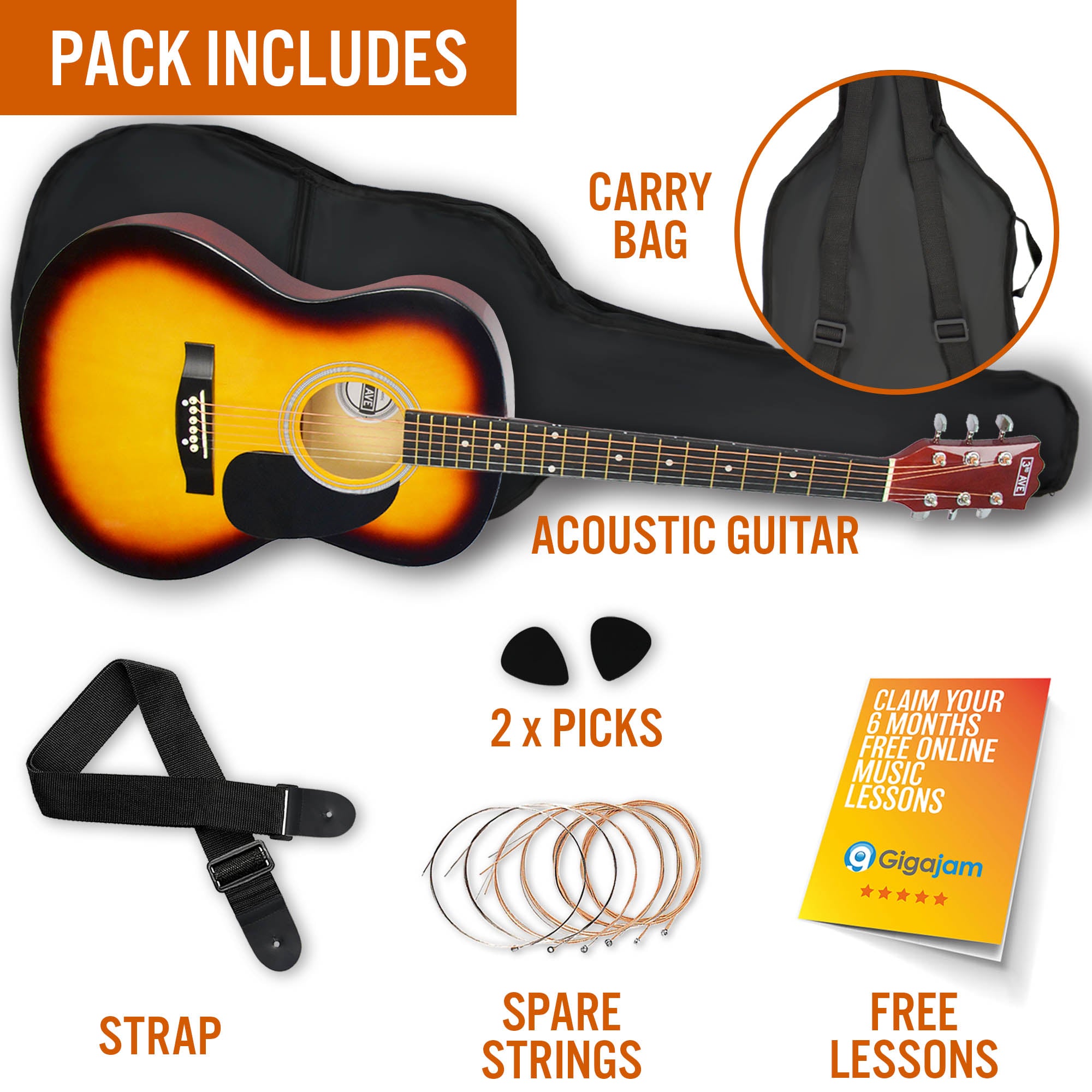 Acoustic Guitar Full 4/4 Size with Gigbag, Strap, Strings