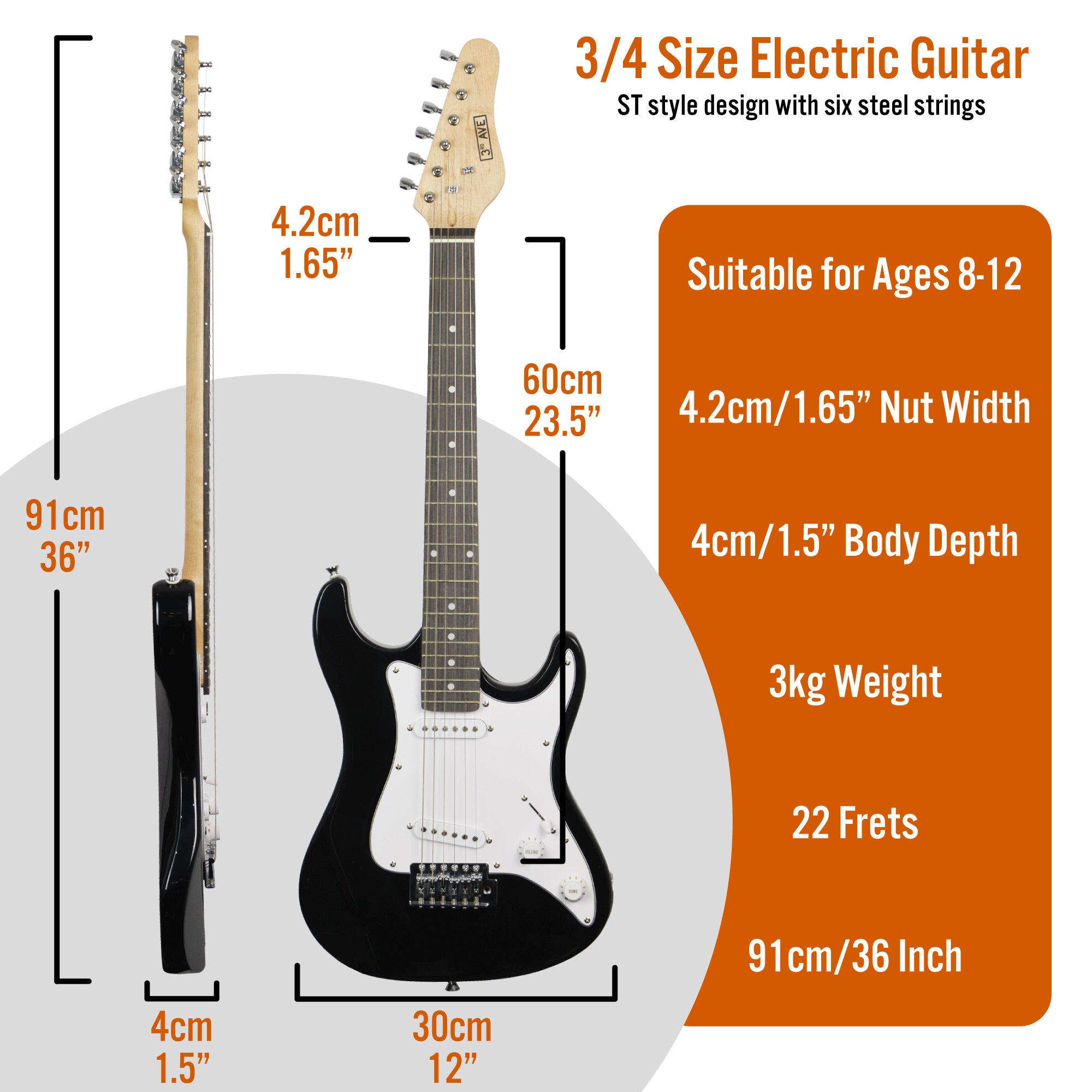 3rd Avenue Electric Guitar 3/4 Size with Bag, Strap, Capo