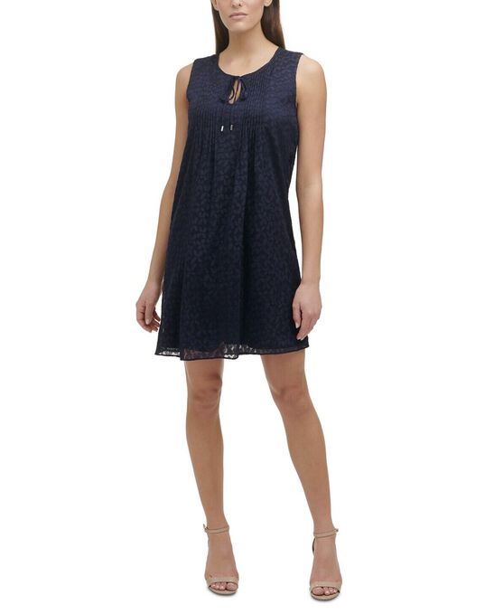 Tommy Hilfiger Womens Navy Textured Pleated Lined Floral Sleeveless Keyhole Short Shift Dress 8