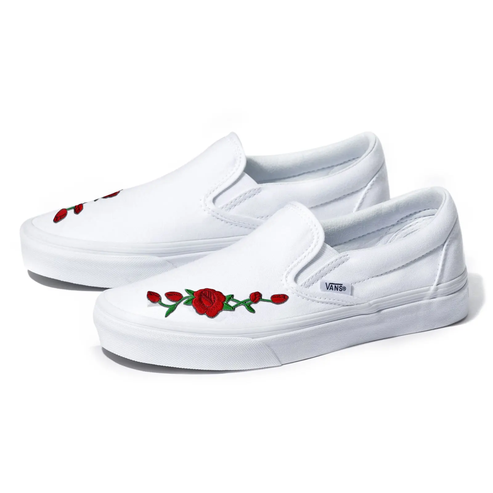 White Vans Slip-On Red Rose Custom 