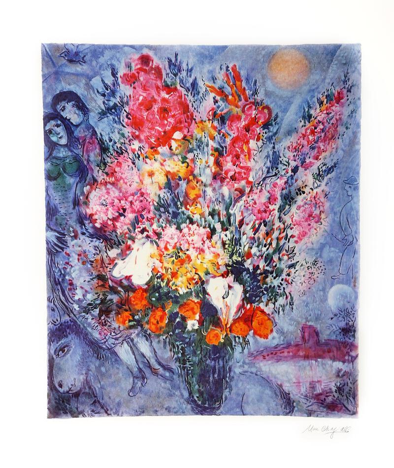 Marc Chagall, Bouquet and Lovers, Lithograph, facsimilie signed | eBay
