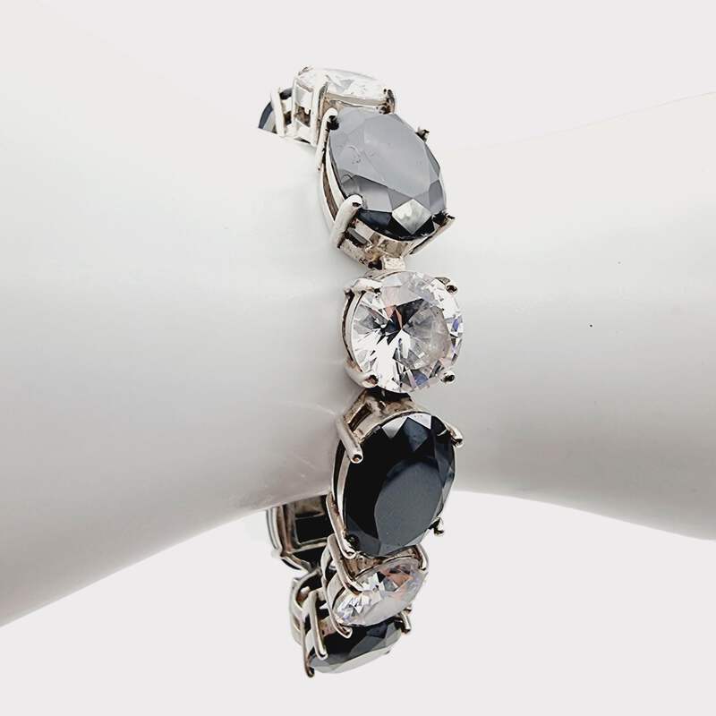Vintage-Sterling-Silber-925-Tennisarmband mit großen schwarzen und klaren Steinen, 18 cm