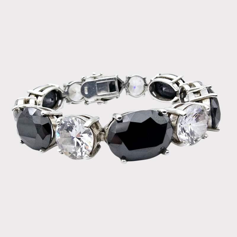 Vintage-Sterling-Silber-925-Tennisarmband mit großen schwarzen und klaren Steinen, 18 cm