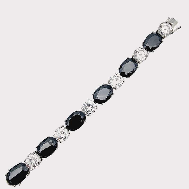 Vintage-Sterling-Silber-925-Tennisarmband mit großen schwarzen und klaren Steinen, 18 cm