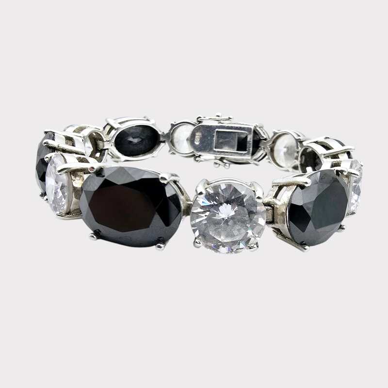 Vintage-Sterling-Silber-925-Tennisarmband mit großen schwarzen und klaren Steinen, 18 cm