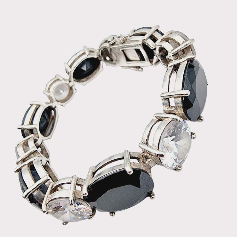 Vintage-Sterling-Silber-925-Tennisarmband mit großen schwarzen und klaren Steinen, 18 cm
