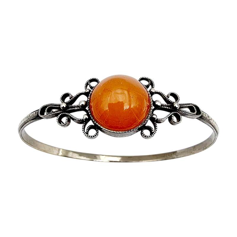 Vintage-Silberarmreif mit Filigran & orange Karneol, Antikstil, 21 cm