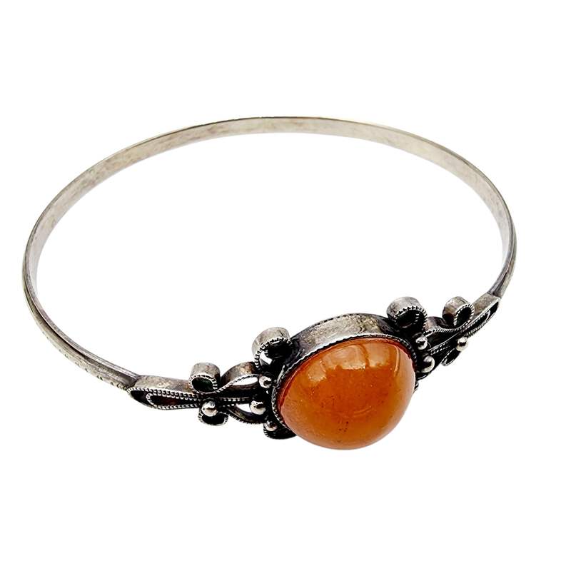 Vintage-Silberarmreif mit Filigran & orange Karneol, Antikstil, 21 cm