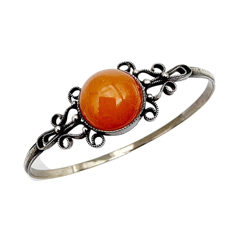 Vintage-Silberarmreif mit Filigran & orange Karneol, Antikstil, 21 cm