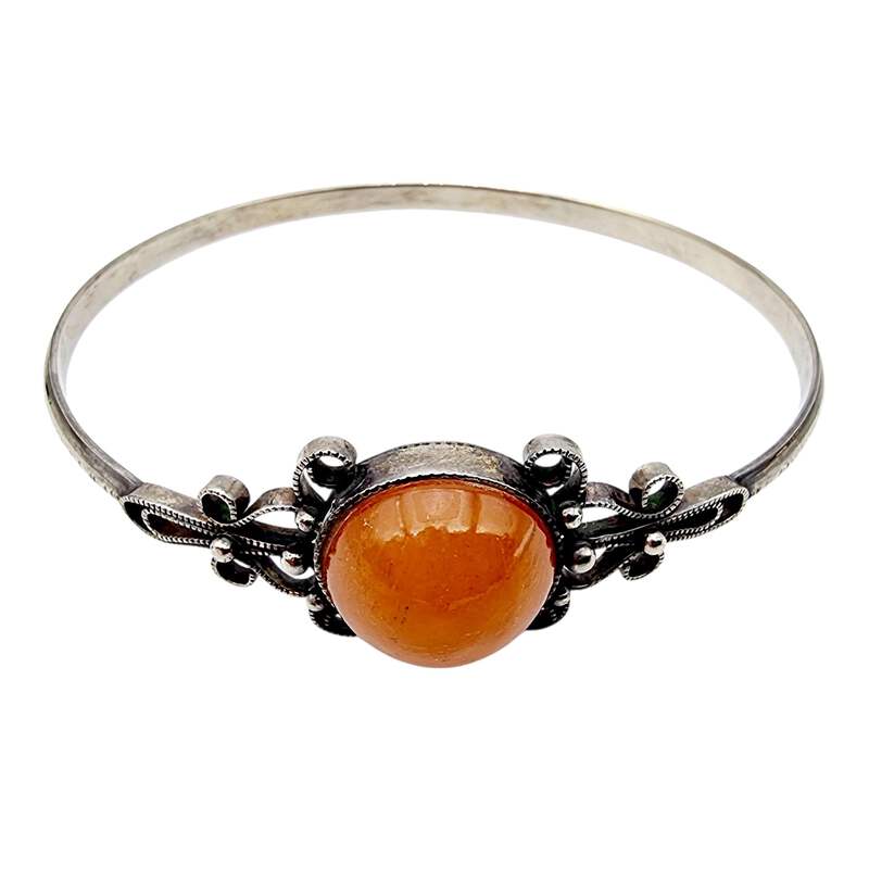 Vintage-Silberarmreif mit Filigran & orange Karneol, Antikstil, 21 cm