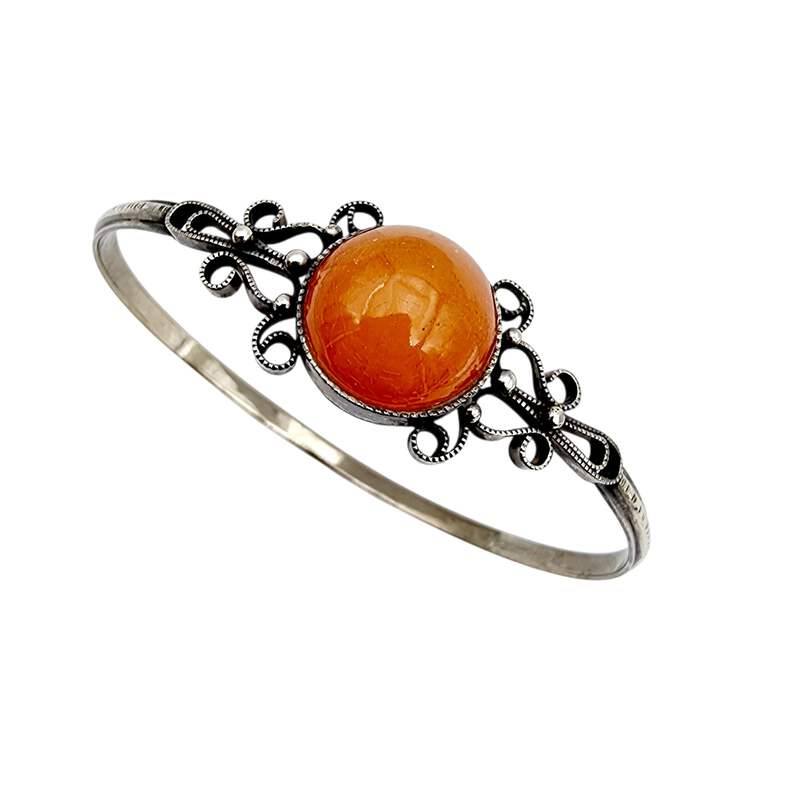 Vintage-Silberarmreif mit Filigran & orange Karneol, Antikstil, 21 cm