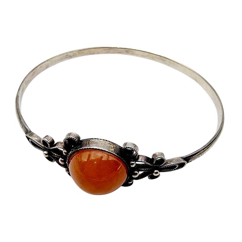 Vintage-Silberarmreif mit Filigran & orange Karneol, Antikstil, 21 cm