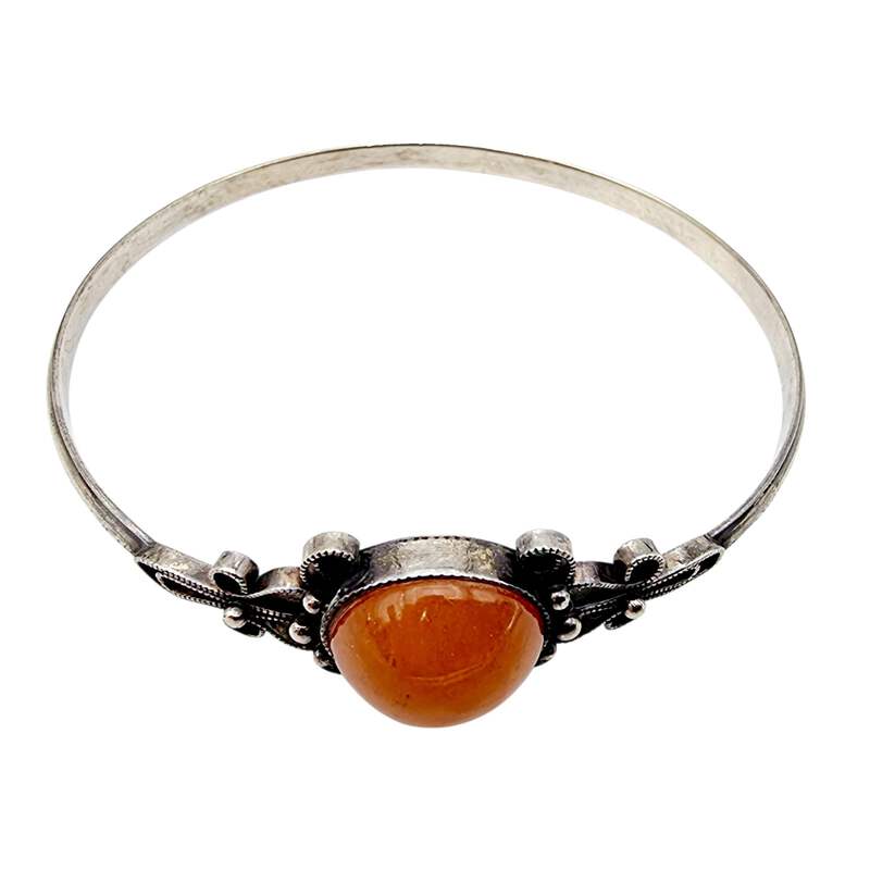 Vintage-Silberarmreif mit Filigran & orange Karneol, Antikstil, 21 cm