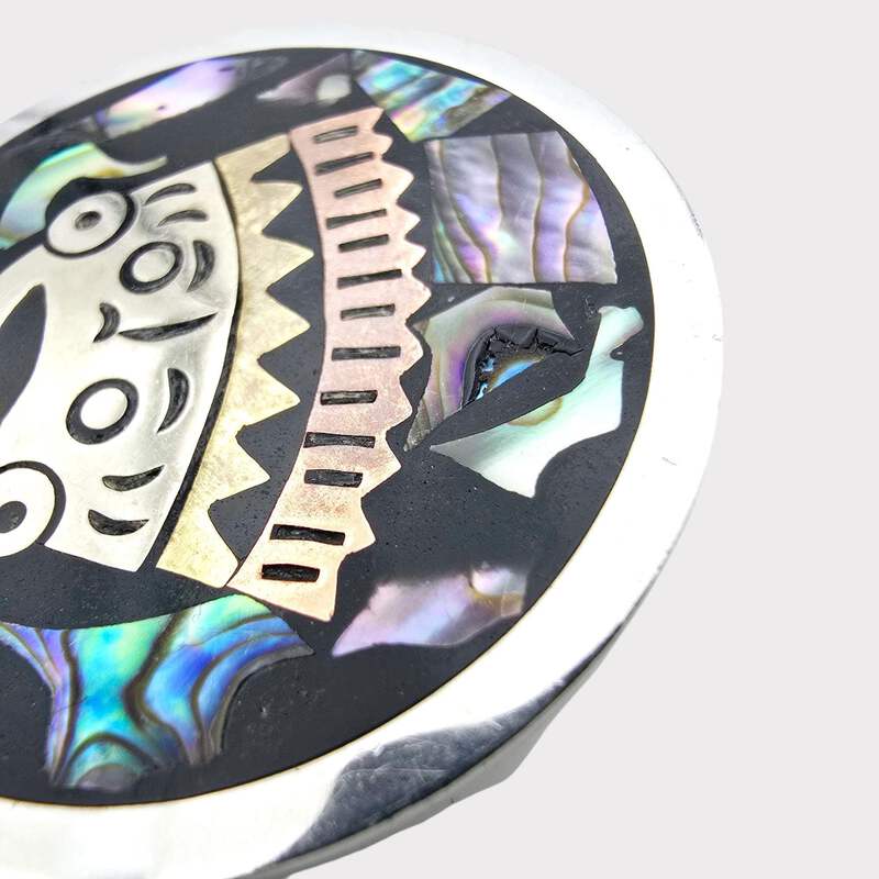 Vintage mexikanische Silberbrosche mit Abalone & Aztekenmotiv, Taxco SORIA 925