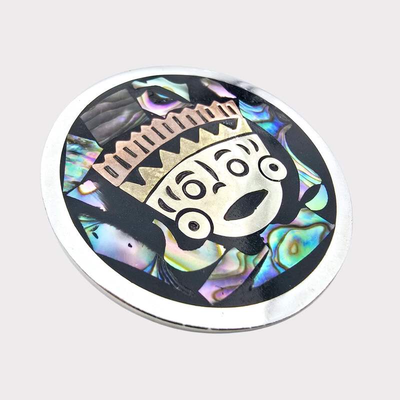 Vintage mexikanische Silberbrosche mit Abalone & Aztekenmotiv, Taxco SORIA 925
