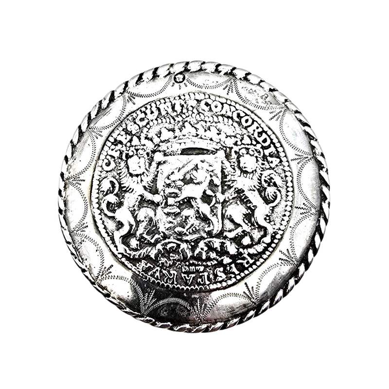 Große niederländische Silberbrosche mit Löwen-Daalder-Münzdesign, 65 mm, antik