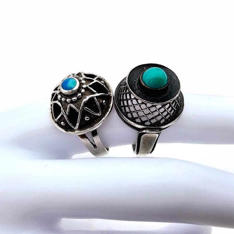 2 Vintage-Türkisringe, Ethno-Boho, handgemacht, 800/925 Silber, 60/70er